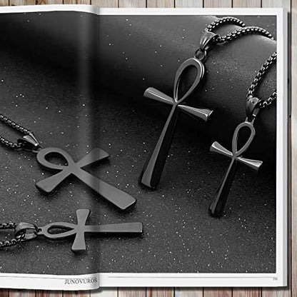 JUNOVUROS 18 to 28 Inches Rolo Chain Ancient Ankh Cross Pendant Necklace for Men Women Boys Girls 316L Stainless Steel with Large And Medium Sizes - color: E-Black/Size: 1.77 '' * 0.98 ", style: 18 Inches