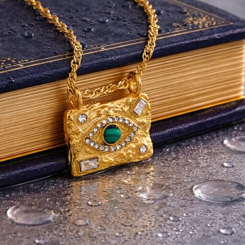 Evil Eye Necklace For Women - 18K Gold Plated Stainless Steel Celestial Moon North Star Eye CZ Gemstone Pendant - Waterproof - Anti-tarnish - Protection Jewelry Gift - style: Rectangle Evil Eye