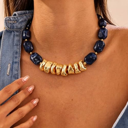 VIBILIA Boho Beaded Chunky Statement Necklace for Women Y2K Summer Jewelry | Boho Handmade Large Resin Bead Strand, Trendy Statement Summer Vacation Holiday Jewelry - color: Oval-Blue