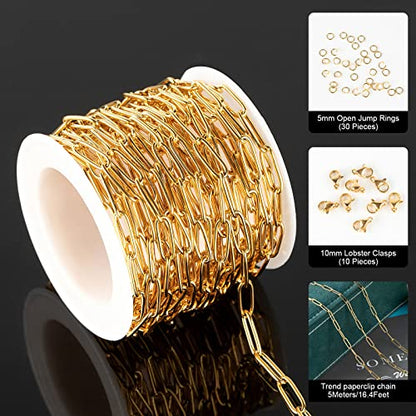 Gold Chain 16.4 Feet 4mm Oval Paperclip Stainless Steel Chain Link Cable Necklace Chains Bulk with Lobster Clasps and Jump Rings for Women Bracelet DIY Jewelry Making - color: Gold