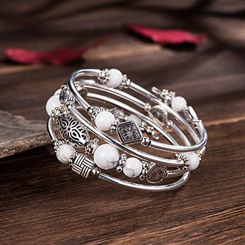 BULINLIN Layered Wrap Bangle Turquoise Bracelet - Bead Bracelet with Natural Agate Stone, Gifts For Women - color: 12-Howlite