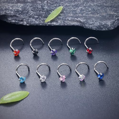 ASTM F136 Titanium Nose Rings 18G 20G 22G Mix Color Heart Cubic Zirconia Nose Studs Ring Screw L-Shaped Bone Hypoallergenic Body Piercing Jewelry for Women 3mm 10PCS - style: Screw:18G(1.0mm)
