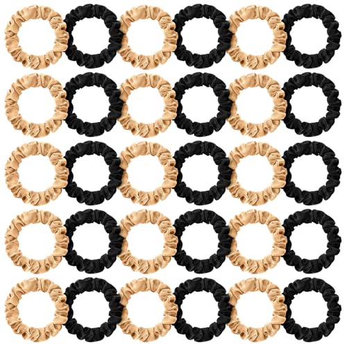 WILLBOND 30 Pcs Small Satin Silk Scrunchies Bulk for Women, Thin Hair Ties Mini Scrunchy Bands Skinny Ponytail Holders for Thick Curly Hair Pony Tails Wrist Decor(Black, Gold) - color: Black, Gold