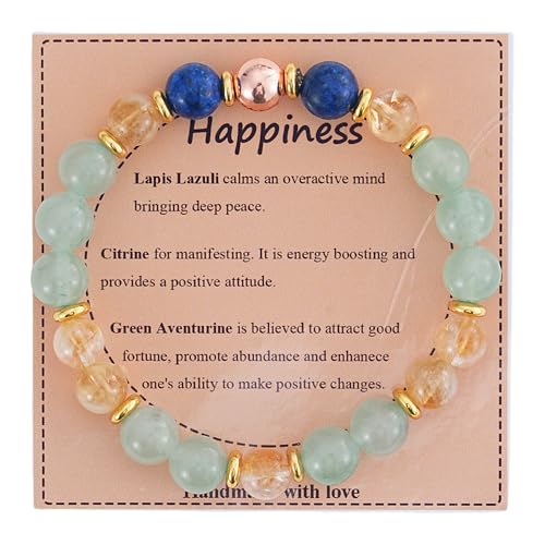KSQS Healing Stone Bead Bracelet for Women, Natural Gemstones Balance Protection Bracelet, Spiritual Crystal Beads Bracelet Anxiety Relief with Meaning Card - color: Happiness