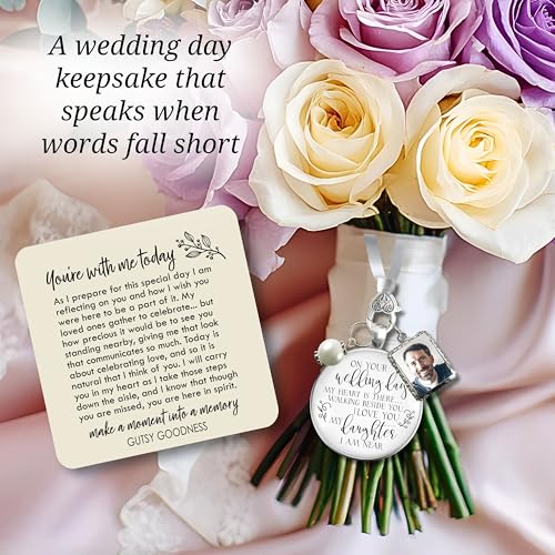 Bouquet Charm On Your Wedding Day Memorial Honoring Mom Dad Grandma Grandpa Meaningful Bridal Floral Jewelry Silver Finish Pendant Bride's Flowers Photo Frames Parent Grandparent - color: White Bead, style: My Daughter | 1 Frame