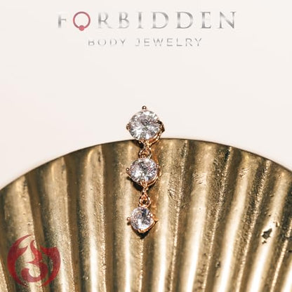 Forbidden Body Jewelry Surgical Steel Sexy Dangle Reverse Mount Triple CZ Vertical Drop Belly Button Ring - color: Gold, Round CZ's