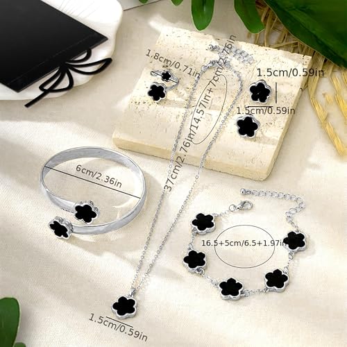 Lucky Flower Alloy Jewelry, Lucky Flower Design Necklace Earrings Bracelet Bangle Ring Jewelry Set, Clover Gold Plated Chain Wrap Ornament & Plush Pouch for Women - color: Silver