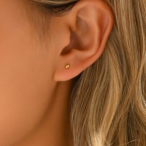 Dainty Stud Earrings for Women 18K Gold Plated Tiny Ball Stud Earrings Minimalist Bead Studs for Women - size: Ball 3MM
