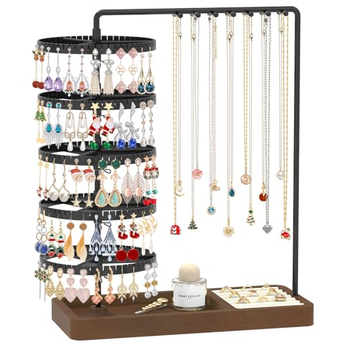 MODOWEY Rotating Earring Holder Organizer Jewelry Stand Adjustable Display | 285 Slots Dangle Tree 14 Hooks Tall Necklace Rack for Women, 5 Tiers Compact Large Capacity Metal Tower with Wooden Ring Tray - color: Black-Brown