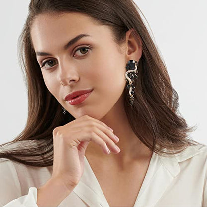 Fashion Rhinestone Statement Drop Dangle Earrings Long Colorful Crystal Bridal Wedding Teardrop Chandelier Earrings for Women Prom Pageant - color: Black