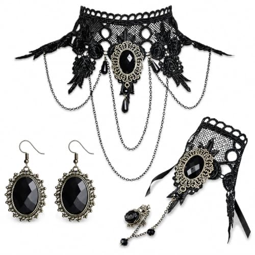 YANCHUN Halloween Gothic Jewelry Set Vampire Accessories Black Choker Necklace Bracelet Earrings Set Witch Cosplay Halloween Costume Accessories - color: 3pcs-Black