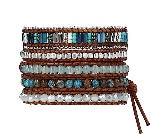 Bracelet for Women – Handmade Vegan Boho Natural Stone Layered Bracelet, Thailand Bohemian Stackable Beaded Wrap Bracelets, Summer Hippie Bracelet Stack, Fashion Jewelry Gifts - color: A18-Blue