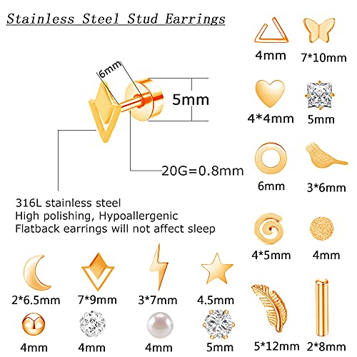 MJust 18 Pairs Earrings Set – Flat Back Stud Hypoallergenic 20G Steel stud | 18 Pairs Flat Back Earrings Set – Hypoallergenic 316L Steel Studs for Cartilage & Lobe Piercings - color: Rose Golden
