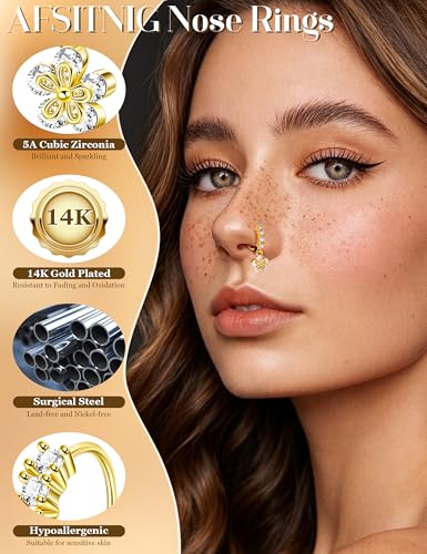 20Pcs 20G Dangle Nose Rings for Women Surgical Steel L Shaped Dangling Nose Studs Dainty Nose Ring Hoop Set CZ Heart Flower Butterfly Moon Nose Piercing Jewelry - color: Gold Clear Nose Rings