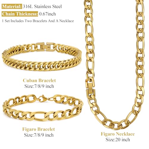 3PCS Figaro Necklace Bracelet Cuban Bracelet, Silver Gold Black Sturdy 316L Stainless Steel Cuban Link Figaro Chain for Men Jewelry Set with Gift Message Card 8mm, 7/8/9 Inches - color: Gold, size: Bracelet width:7 inches