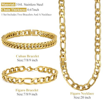 3PCS Figaro Necklace Bracelet Cuban Bracelet, Silver Gold Black Sturdy 316L Stainless Steel Cuban Link Figaro Chain for Men Jewelry Set with Gift Message Card 8mm, 7/8/9 Inches - color: Gold, size: Bracelet width:7 inches