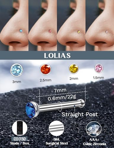 LOLIAS 80-160Pcs Surgical Steel Nose Rings Studs for Women Hypoallergenic | Straight or L Shaped Small Nose Studs Pin,Hypoallergenic 20G 22G Tiny Bone Nose Piercing Jewelry, 1.5/2/2.5/3 mm CZ Mix - color: 80Pcs 22G Straight（multicolor）