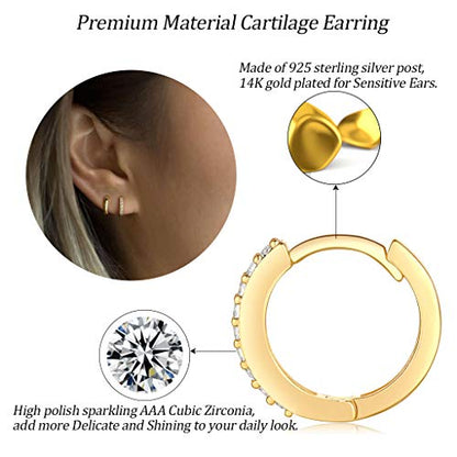 Silver Hoop Earrings for Women, 3 Pairs Small Sterling Silver Huggie Earrings | Tiny Cubic Zirconia Cartilage Cuff Earrings Hoop Piercing Jewellery for Men Teens (8mm/10mm/12mm) - color: 3 Pairs(8/10/12mm)-Gold