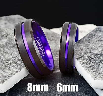 Magnificent 6mm/8mm Piano Black Tungsten Carbide Band Ring w/Brilliant Purple Stripe & Matching Purple Anodized Aluminum Comfort Fit Inner Band.