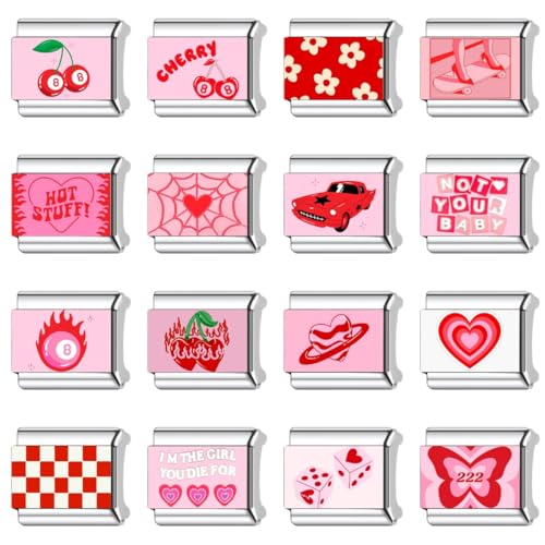 Italian Charms Bracelet Sets Heart Brascelet,18 of Charms and Opening Tools (8 Random Pattern and 10 Blank Modules) - style: Pink-Silvery