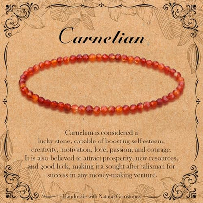 BONNY BOXX Natural Genuine Gemstone Faceted Round Beads Bracelets, 3mm Adjustable Stretchy Tiny Faceted Black Tourmaline Bracelet, Healing Crystal Reiki Chakra Dainty Jewelry Fashion Gifts - color: Carnelian