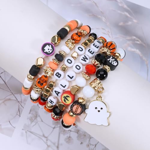 Ardorchid Halloween Bracelets for Women Pumpkin Ghost Steleton Bat Skull Beaded Stackable Stretchy Bracelet Rugby Thanksgiving Christmas Heishi Bracelets - color: Halloween Bracelet -4