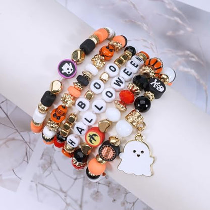 Ardorchid Halloween Bracelets for Women Pumpkin Ghost Steleton Bat Skull Beaded Stackable Stretchy Bracelet Rugby Thanksgiving Christmas Heishi Bracelets - color: Halloween Bracelet -4