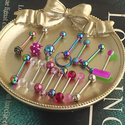 14G Surgical Steel Tongue Rings for Women Men Acrylic Clear Tongue Piercing Jewelry Teaser Slave Ring Skull/Flower/Silicone Soft Spike Ball/CZ/Door Knocker/Pill Tongue Barbell Bars 5/8inch - color: 16pcs mix