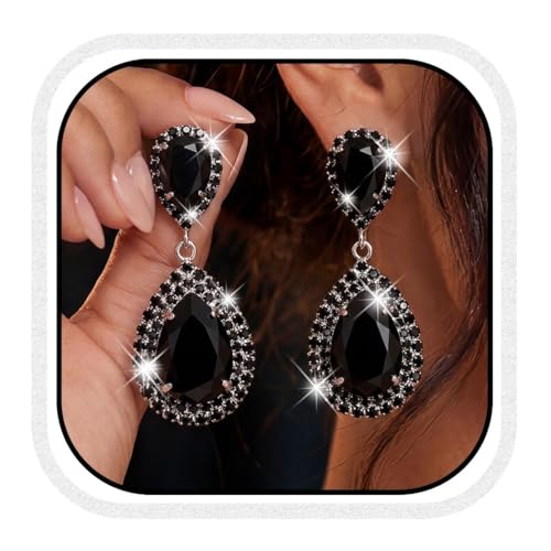 Unicra Silver Rhinestone Teardrop Earrings Crystal Wedding Bridal Dangle Earrings Prom Drop Earrings for Women and Brides - color: All Black