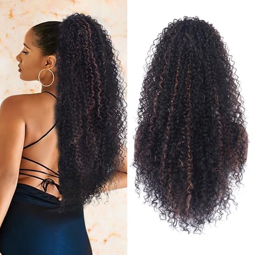 Alebery 27 Inch Drawstring Ponytail Extension for Black Women Deep Curly Ponytail Extension Synthetic Mixed with Human Hair Hairpieces Afro Kinky Curly Pony Tail for Daily Use (Brown Highlight) - color: Brown Highlight, size: 27 Inch