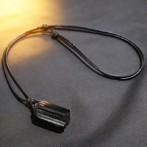 FANASY Natural Raw Crystal Necklace for Women Irregular Stone Necklaces Spiritual Gemstone Pendant with Adjustable Rope - color: Black Tourmaline