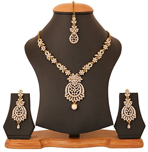 Touchstone Indian jewelry sets for women maang tikka wedding guest gold necklace bollywood jewellery set pageant elegant prom bride accessories western crystal chunky rhinestone necklaces - color: 4 White in gold plating pearl drop