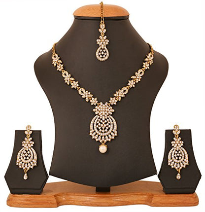 Touchstone Indian jewelry sets for women maang tikka wedding guest gold necklace bollywood jewellery set pageant elegant prom bride accessories western crystal chunky rhinestone necklaces - color: 4 White in gold plating pearl drop