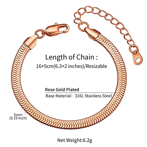 ChainsHouse Stainless Steel Herringbone Flat Chain Bracelets for Women,18K Gold/Rose Gold/Black Metal Paperclip/Snake/Cuban/Figaro Sterling Silver Link Charm Bracelet, 16+5cm Adjustable, With Gift Box - color: h. herringbone-rose gold-6mm