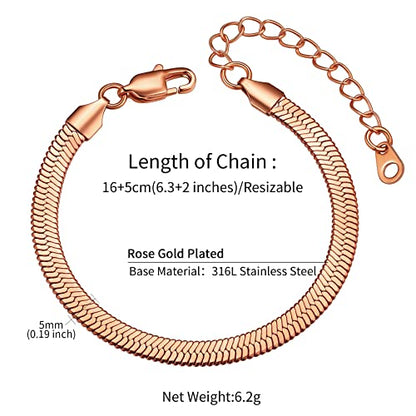 ChainsHouse Stainless Steel Herringbone Flat Chain Bracelets for Women,18K Gold/Rose Gold/Black Metal Paperclip/Snake/Cuban/Figaro Sterling Silver Link Charm Bracelet, 16+5cm Adjustable, With Gift Box - color: h. herringbone-rose gold-6mm