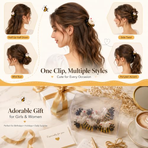 6PCS Mini Bee Hair Claw Clips, Bee Gifts for Women | Acetate Cute Bug Hair Claw Clip Accessories Fun Novelty Animal for Birthday Halloween Christmas Stuffers