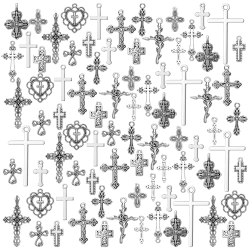 Hicarer 80 Pieces Antique Silver Pendants Gothic Charms Halloween Charms Pendants Jewelry Making Accessory for DIY Necklace Bracelet - style: Cross