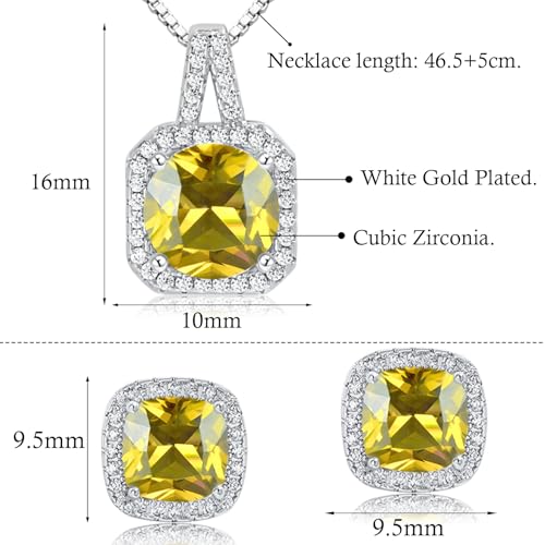 Cubic Zirconia Necklace and Earrings Set for Women 14K White Gold Plated Bridesmaid Silver Jewelry Set for Women Pendant Necklace Hypoallergenic Stud Earrings Set Jewellery Gift for Mom Wife Bride Bridesmaid - color: Yellow-Square Shape
