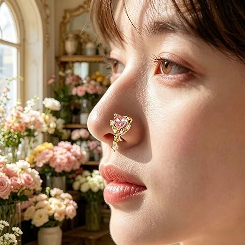 1-PCS Heart Clip On Earrings, Pink Crystal Fake Earrings No Piercing | Women Cute Dangle Ear Clip,Gold Dangle Nose Ring,Gold Dangles Heart Nose Ring