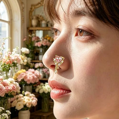 1-PCS Heart Clip On Earrings, Pink Crystal Fake Earrings No Piercing | Women Cute Dangle Ear Clip,Gold Dangle Nose Ring,Gold Dangles Heart Nose Ring
