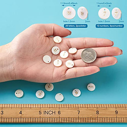 Craftdady 92pcs Freshwater Shell Alphabet Pendants Flat Round White Shell with A-Z Letter Number Bead Charms 11mm for Name Bracelets Necklaces Earrings Jewelry Crafts Making - color: Golden Letter & Number