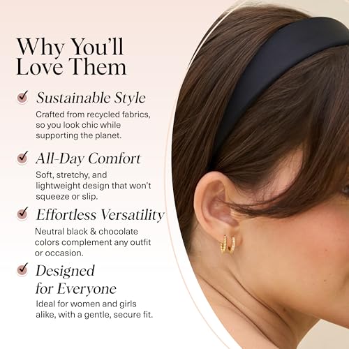 Kitsch Velvet & Satin Headbands for Women - Black & Chocolate, 2pc Set | Non Slip, Soft and Lightweight – Stylish Headbands for Girls with Chic Neutral Shades – Ideal Gifts for Women - color: Black & Chocolate