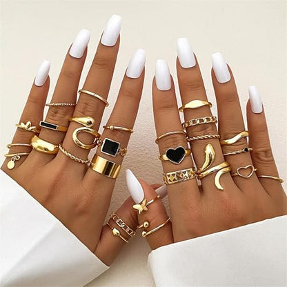 HUASAI Gold Stackable Rings Set for Women Boho Dainty Moon Star Pearl Leaf Cubic Zirconia Heart Midi Pinky Trendy Jewelry Birthday Gifts - color: B13 Gold Rings 27 Pcs