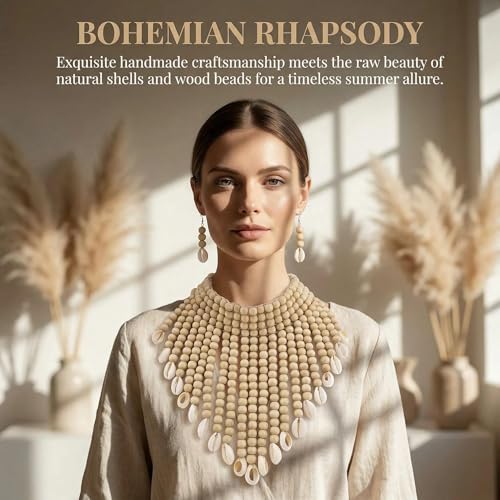 Coiris Boho African Wooden or Acrylic Beaded Bib Statement Necklace Strands Layered Cluster Chunky Collar Choker Wood Necklace for Women Fashion Costume Jewelry - color: N0065-Off White+Shell