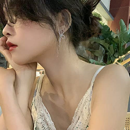 HERIER Rhinestone Earrings Dangling for Women Chandelier Statement Tassel Earrings Girls Silver Sparkly Drop Cubic Zirconia Crystal Earrings Long Dangle Costume Jewelry - color: Silver-Bow Tassel