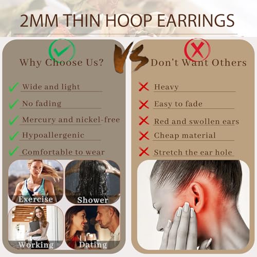 Senteria 2mm Thin 925 Sterling Silver Hoop Earrings for Women Hypoallergenic - color: gold 20mm