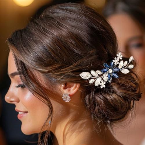 Silver Crystal Hair Comb Rhinestone Bridal Wedding Hair Pieces Flower Hair Accessories for Women and Brides (Blue)