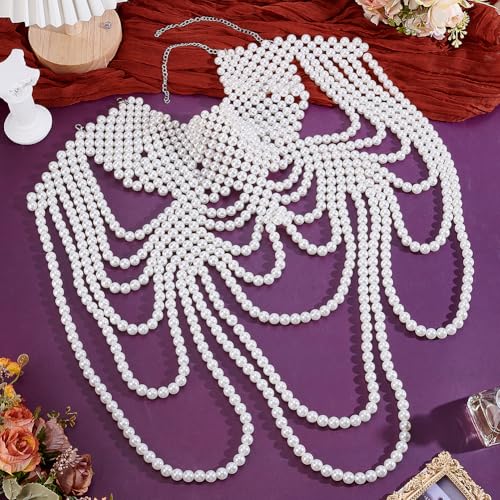 AHANDMAKER 1PC Pearl Body Chain Adjustable Shoulder Necklace White Bra Jewelry Plastic Beaded Chain for Women Party Wedding Backless Dress Costume Decoration 13.86-16.02 Inch