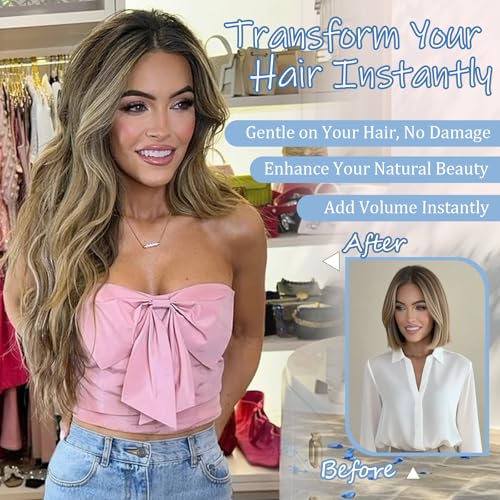 Medium Brown Halo Hair Extensions with Ash Blonde Highlights | 20 Inch Wavy Synthetic Fiber with Invisible Wire and 4 Secure Clips for Easy Daily Styling and Party Wear - color: Ash Medium Brown Highlights