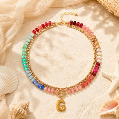 Colorful Beaded Bubble Letter Necklace For Women, Boho Double Layer Dopamine Rainbow Resin Beads Thick Cuban Chain Chunky With Initials Pendant Necklaces Summer Beach Jewelry Gift ﻿ - color: Dop G